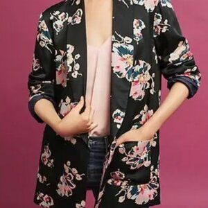 Anthropologie Black Floral Satin Long Relaxed Fit Blazer Jacket
